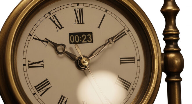 Close-up of an antique brass clock face with roman numerals and a small digital display showing the time 00:23 against a dark background