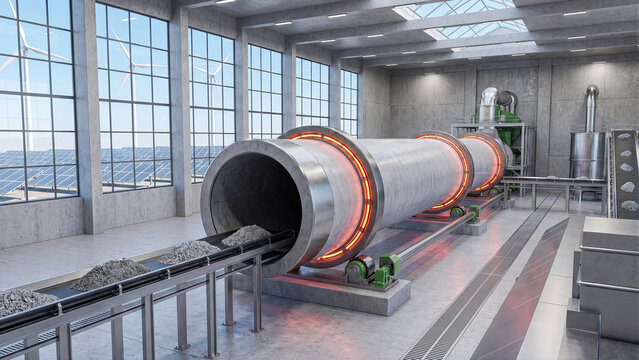 Industrial pyrolysis concept producing eco friendly biochar through rotary kiln thermal processing powered by renewable solar wind energy for sustainable manufacturing and circular economy