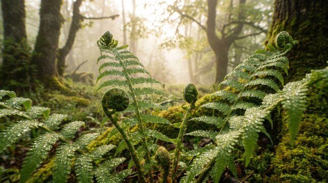 Macro view of green fern leaves and fiddleheads covered in fresh morning dew droplets unfurling in a foggy temperate forest with soft sunlight glowing through the mossy trees.