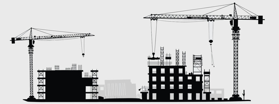Construction site silhouette with tower cranes and buildings under development for industrial architectural engineering and urban growth project vector illustration