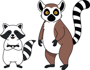Fototapeta premium Cute Cartoon Raccoon and Ring Tailed Lemur Animal Vector Illustration Set Isolated on White Background for Kids Designs
