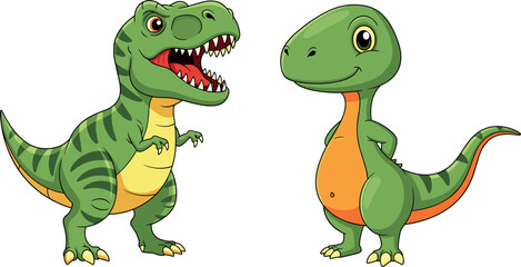 Cute Green Cartoon Tyrannosaurus Rex and Baby Dinosaur Character Vector Illustration Set Isolated on Plain White Background © MDJulfikar
