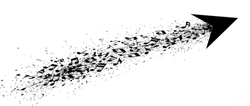モノクロの音符が流れる上昇アローの抽象デザイン
