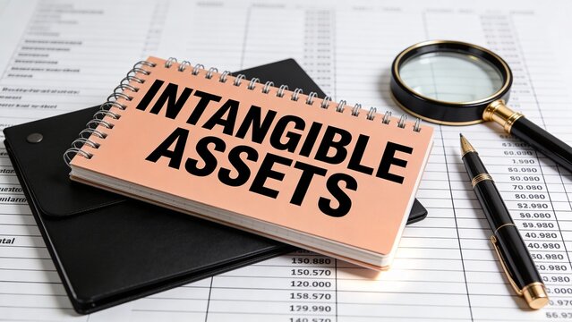A notebook with Intangible Assets rests on financial documents next to a magnifying glass and pen.