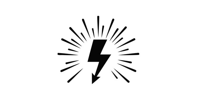 Vector illustration of black lightning bolt icon with radiating sunburst lines on a transparent background