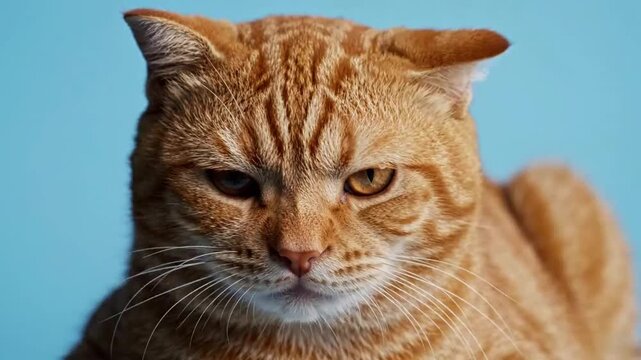 A close-up portrait of a grumpy cat with a cat reaction, displaying an annoyed facial expression against a blue