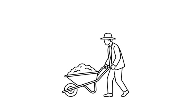 A line art illustration of a farmer pushing a wheelbarrow filled with soil.