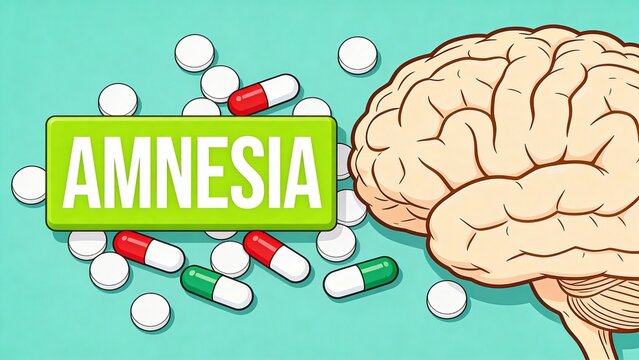 An illustration depicts a human brain surrounded by scattered pills and capsules with an amnesia sign on a teal background.