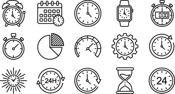 Time management, productivity, and schedule thin line icons set featuring alarm clock, stopwatch, calendar, hourglass, smartwatch, and 24 hours service availability elements.