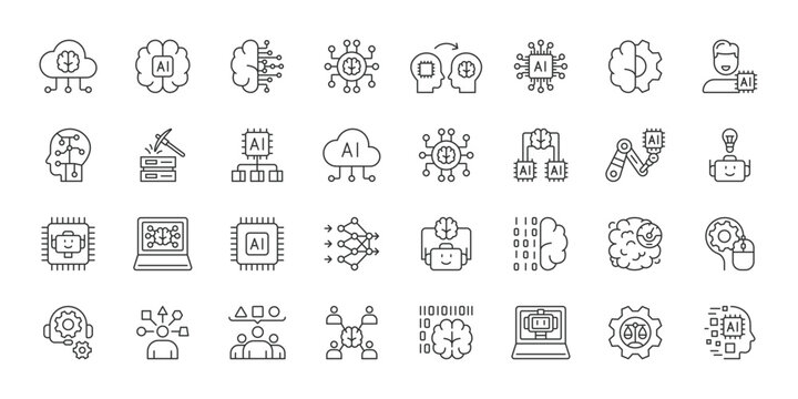 Machine Learning icons in line design. machine, learning, ai, neural, algorithm, automation, analytics on white background vector. Machine Learning editable stroke icon