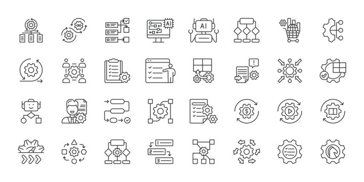 Workflow Automation icons in line design. workflow, automation, process, management, productivity, system, integration on white background vector. Workflow Automation editable stroke icon