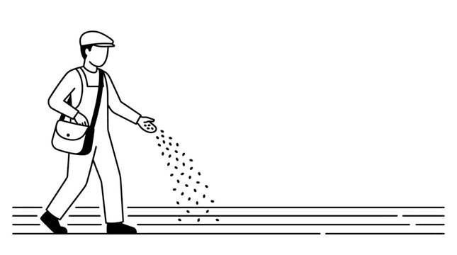 A farmer sowing seeds in a field illustration.