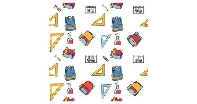 A playful seamless pattern featuring essential school supplies and science equipment for a vibrant educational theme.