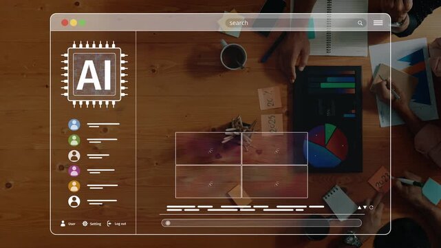 A contemporary digital workspace showcasing an AI interface surrounded by vibrant abstract designs, tools, and collaborative elements on a wooden table. Raster