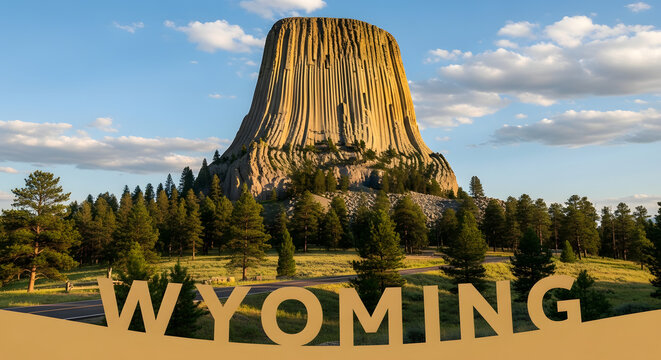 A scenic view of Devils Tower surrounded by trees and a sign reading Wyoming in a natural landscape.