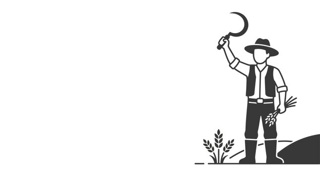 A black and white illustration of a farmer holding a sickle in a field.