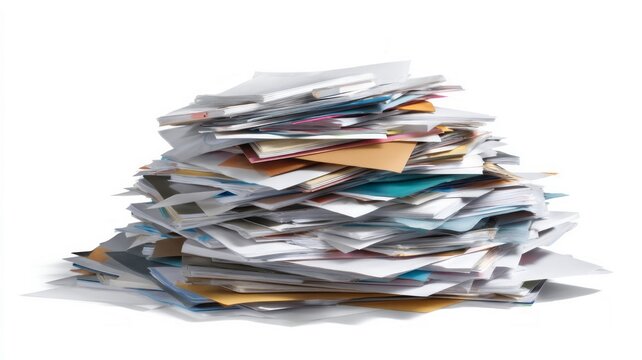 Stack of colorful documents on white background. Artificial intelligence image