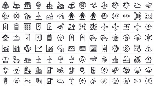 Smart Energy Black Outline Icons &ndash; Sustainable Power System Vector Set