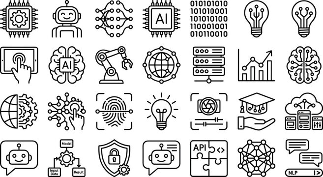 Artificial intelligence machine learning and deep neural networks thin line icons set featuring AI brain chatbot robot arm API puzzle and automation technology elements design.