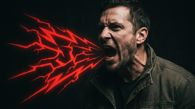 Man screaming with red lightning mouth.