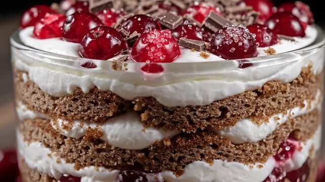 Delicious Chocolate Cake Trifle with Cherries and Cream.
