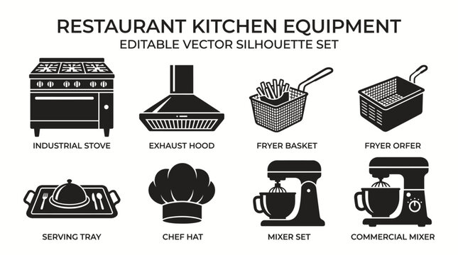 Kitchen equipment set for restaurant cooking including industrial stove and mixer