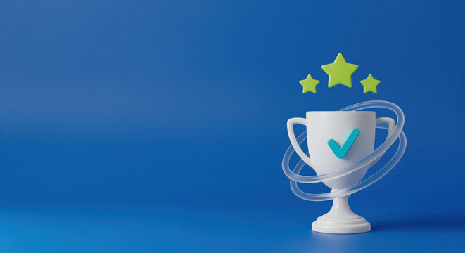 Verified winner trophy for award program materials, showing star rating and check mark approval for contest result announcement, course completion proof, supplier shortlist and finalist selection