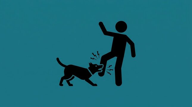 Silhouette graphic of a dog biting a person's leg as warning symbol.