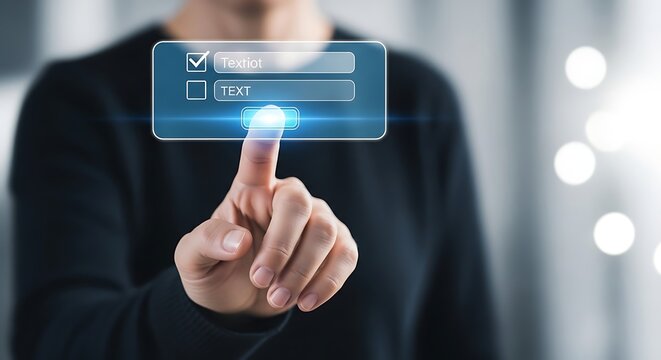 Finger touching glowing blue button on digital interface with checklist and text fields pressing pushing