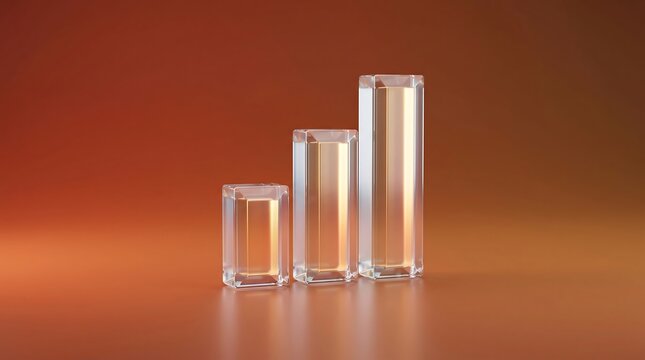 Four clear glass or crystal rectangular prisms of varying heights on a reflective orange surface against a gradient orange background.