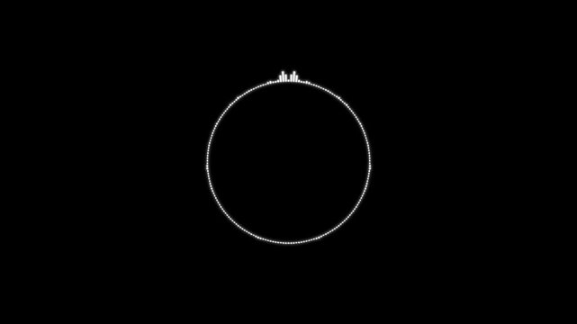 Abstract circular audio visualizer animation on black background, minimalist music reactive waveform spectrum, seamless looping motion graphic for modern digital sound editing.