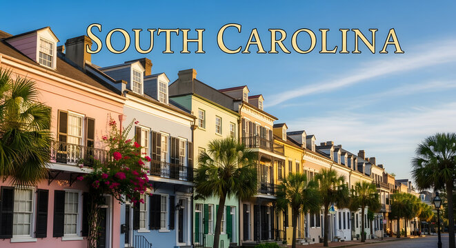 Historic homes line a tree-lined street in South Carolina neighborhood.