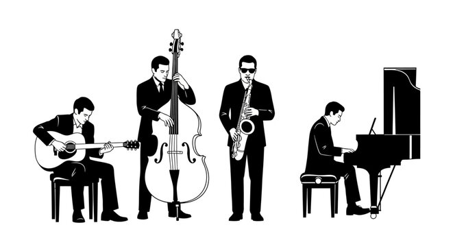 jazz quartet playing instruments guitarist bassist saxophonist and pianist