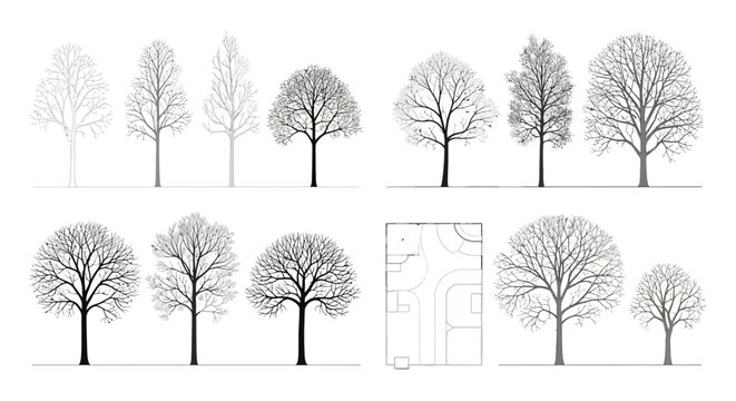 tree illustrations showcasing various bare tree silhouettes and vector winter trees ideal graphic design elements.