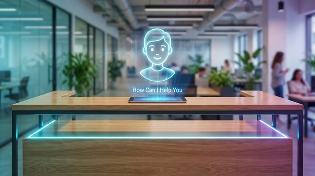 AI humanoid avatar hologram projecting from a tablet on a wooden reception counter in a busy open-plan office