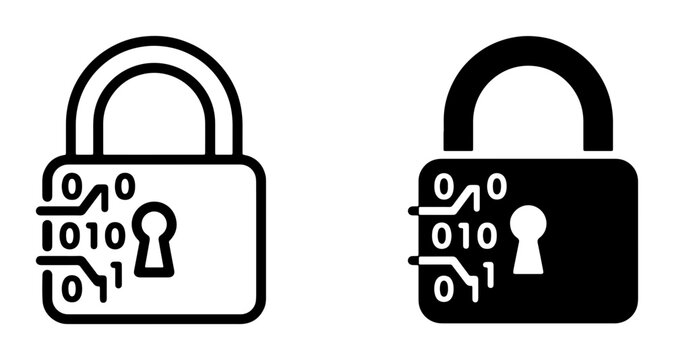 Digital Security Padlock Icons, Binary Code Encryption Symbols, Data Protection Vector Graphics, Cybersecurity Concepts, Secure Access Lock Illustrations