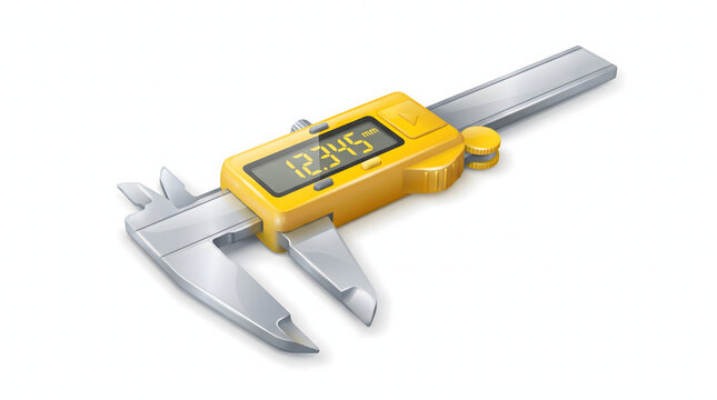 Precision digital caliper with a bright yellow body and metallic jaws displaying a measurement on a white background.