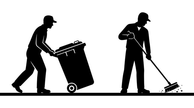 Silhouettes of sanitation workers cleaning and managing waste.