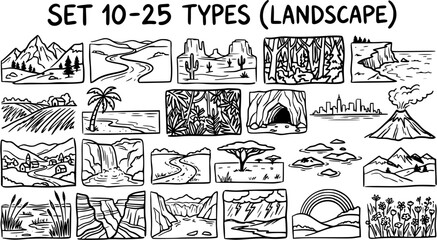 Obraz premium Black and White Line Art Set of 15 Landscape Types: Mountains, Rivers, Desert, Forest, Coast, Tropical Island, Waterfall, Cave, City, Volcano, Savannah, Islands, Rainbow, Storm, Flowers