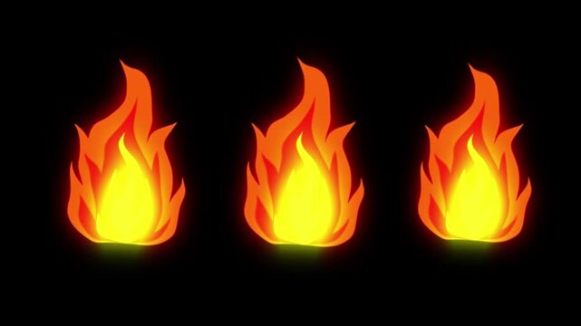 realistic cartoonic type 3 fires burning on black background , 3 flames animation 