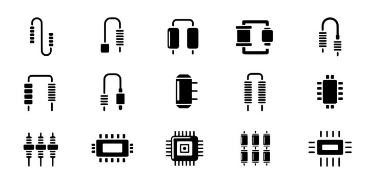 Electronics components set with various circuit elements and connectors featuring resistors, capacitors, inductors with transistors and diodes