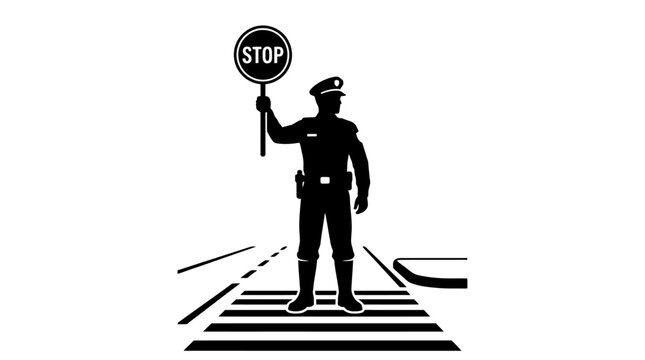 A silhouette of a police officer holding a stop sign on a crosswalk.
