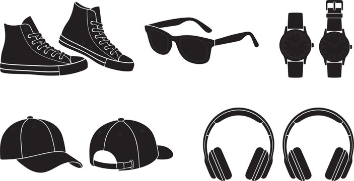 Black silhouette vector collection of everyday lifestyle fashion items and tech accessories isolated on white background.