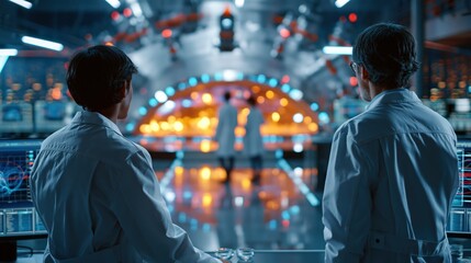 Fototapeta premium Future Lab Exploration: Two scientists in white lab coats observe a complex technological setup within a futuristic laboratory, hinting at groundbreaking research and innovation.