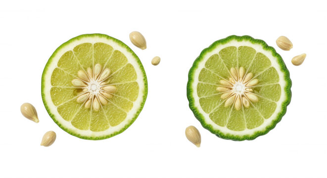 Two cross-section slices of fresh green bergamot citrus fruit with visible segments and scattered seeds on a solid black background