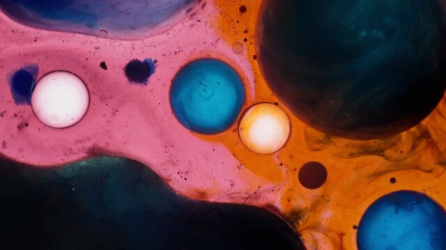 Organic Cell Abstract Art with Fluid Ink and Colorful Bubbles