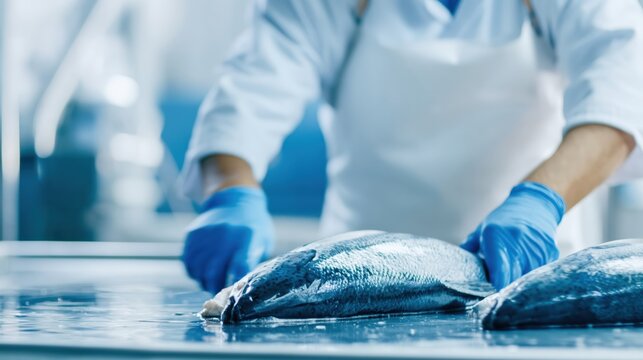 Fresh fish on production line in seafood processing plant