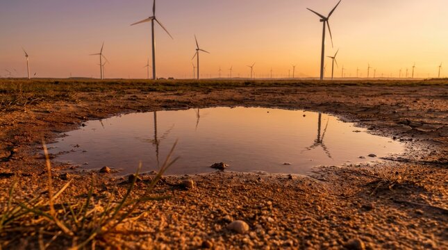 Wind turbines reflected in muddy puddle at sunset in arid landscape