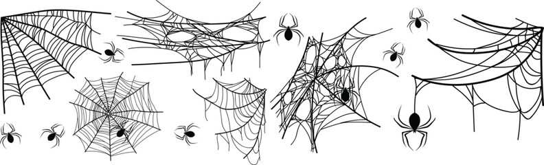 Spooky spider web collection with creepy Halloween cobweb elements, dark insect illustrations and tangled gothic corner decoration set © Vivid Pixel Studio.