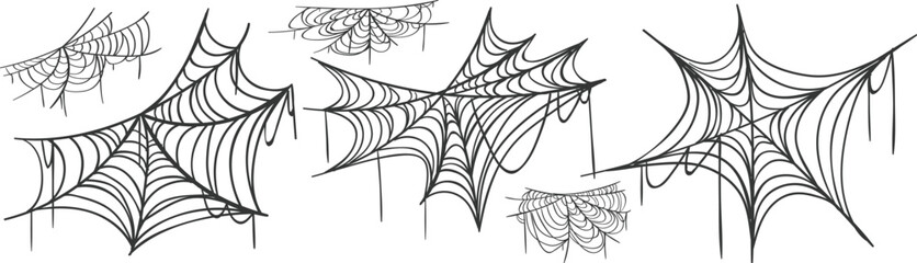 Spooky spider web collection with creepy Halloween cobweb elements, dark insect illustrations and tangled gothic corner decoration set © Vivid Pixel Studio.